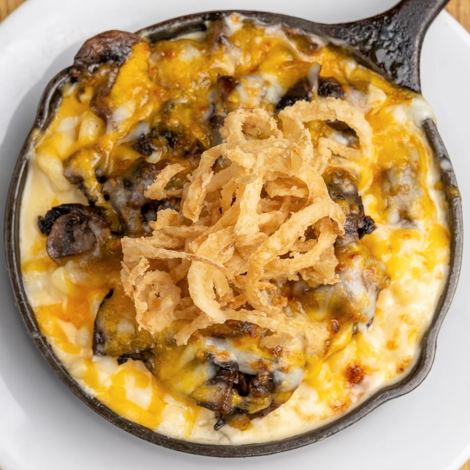 Morgan's Brooklyn Barbecue mac and cheese with burnt ends and crispy fried onions in a skillet.